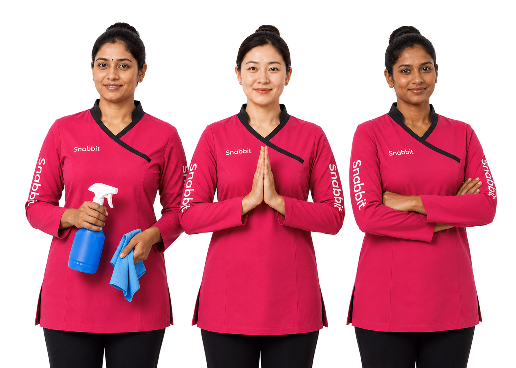 Three Snabbit Experts in pink uniforms, trained, verified, ready to help